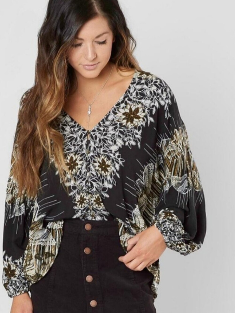 Free People Bohemian Black Floral V-Neck Women's Top